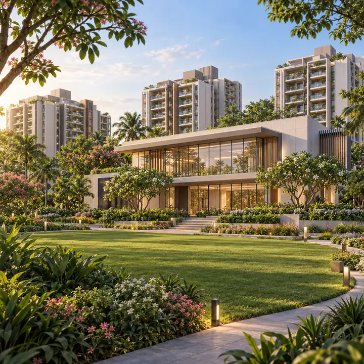 Adarsh Urbanite clubhouse facing the lawns, artist's impression Adarsh Urbanite clubhouse facing the lawns, artist's impression