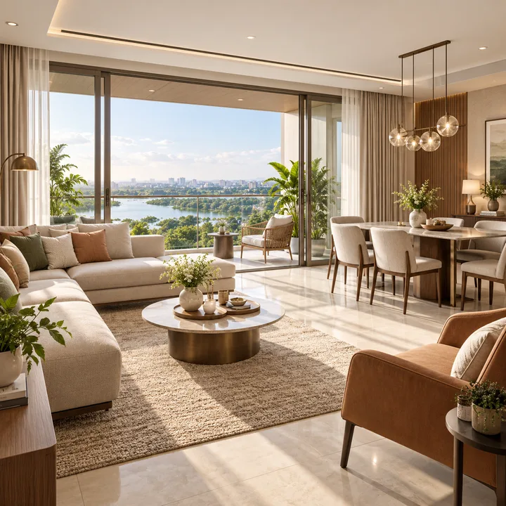 Adarsh Urbanite living and dining room opening onto a balcony, artist's impression Adarsh Urbanite living and dining room opening onto a balcony, artist's impression