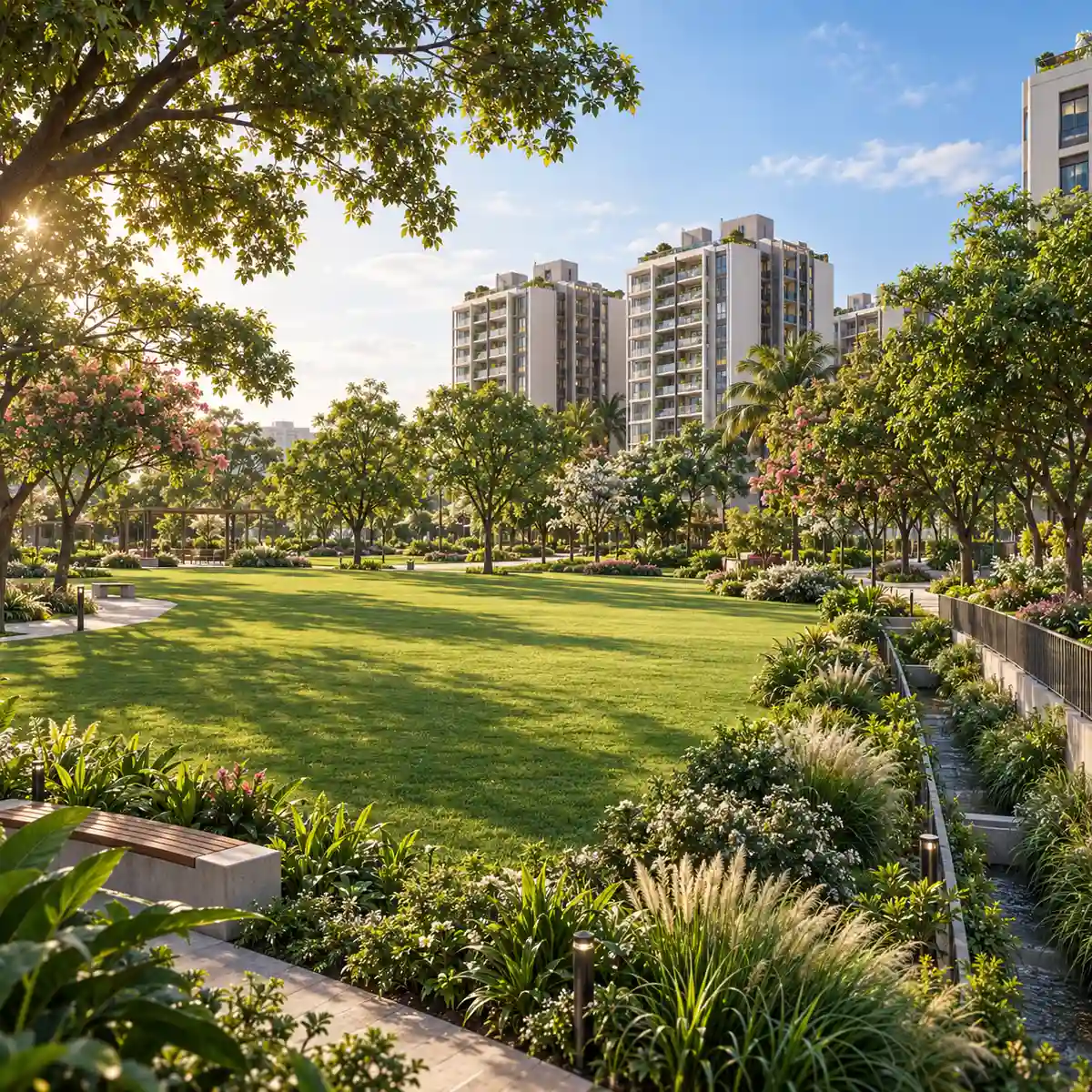 Adarsh Urbanite park with lawns and trees beside the planted drain buffer, artist's impression