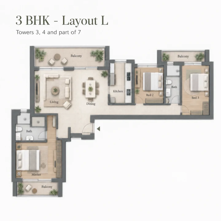 Adarsh Urbanite 3 BHK Layout L indicative floor plan for Towers 3, 4 and part of 7 Adarsh Urbanite 3 BHK Layout L indicative floor plan for Towers 3, 4 and part of 7