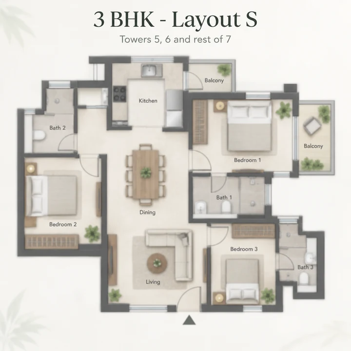 Adarsh Urbanite 3 BHK Layout S indicative floor plan for Towers 5, 6 and the rest of 7 Adarsh Urbanite 3 BHK Layout S indicative floor plan for Towers 5, 6 and the rest of 7