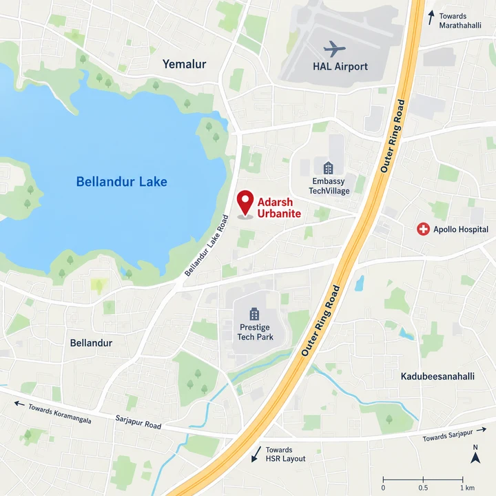 Adarsh Urbanite location map on Bellandur Lake Road with Bellandur Lake, the Outer Ring Road, Embassy TechVillage and Prestige Tech Park