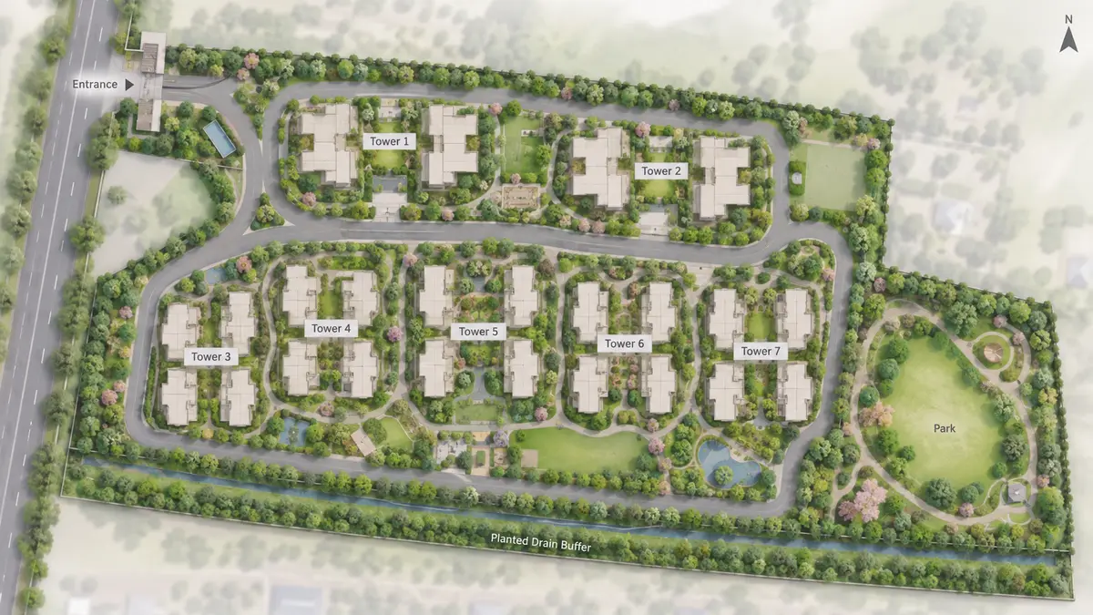 Adarsh Urbanite indicative site layout with Towers 1 and 2 to the north, Towers 3 to 7 to the south and the park in the south-east corner Adarsh Urbanite indicative site layout with Towers 1 and 2 to the north, Towers 3 to 7 to the south and the park in the south-east corner